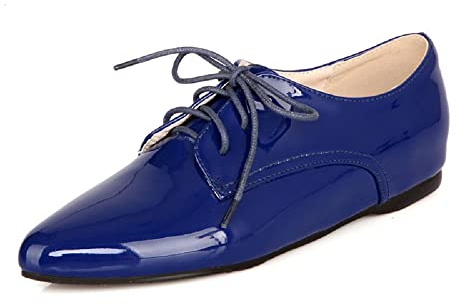Lackläder mode spetssko platta skor låg klack med 2 cm snörpumps för kvinnor zb031, blå, 39 EU