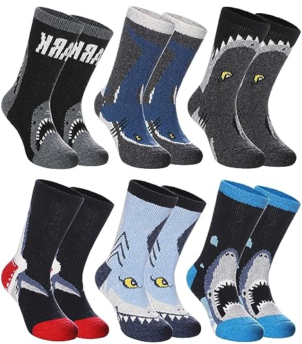 SDBING Kids Merino Wool Hiking Socks - Toddlers Boys Girls Warm Boot Cozy Thick Thermal Winter Crew 6 Pairs (8-12 Years, Shark)