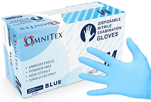 Omnitex Box 200 Premium Disposable Blue Nitrile Gloves | Powder Free | Latex Free | Ambidextrous | Food Safe | Examination Non Sterile | CE & UKCA Cat3 grade (Large)