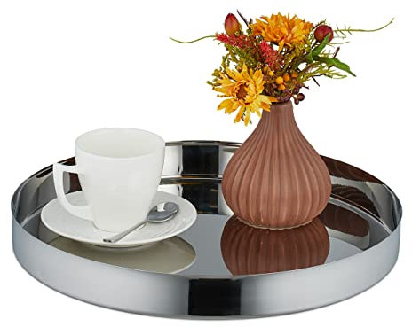 Relaxdays Servir Redonda, Bandeja con Borde Alto, Fuente Moderna, Desayuno, Acero Inoxidable, 4 x 35 cm, Plata, Polirresina