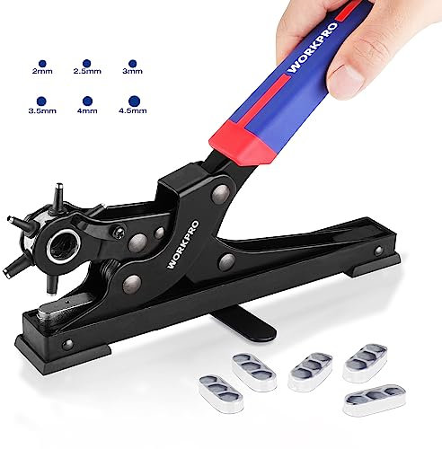 WORKPRO Alicates Sacabocado Agujero, Juego de Perforadora de Sobremesa de Cuero, Perforadora Puzones de 6 Tamaños, Alicate Perforadora para Cuero con Base Resistente
