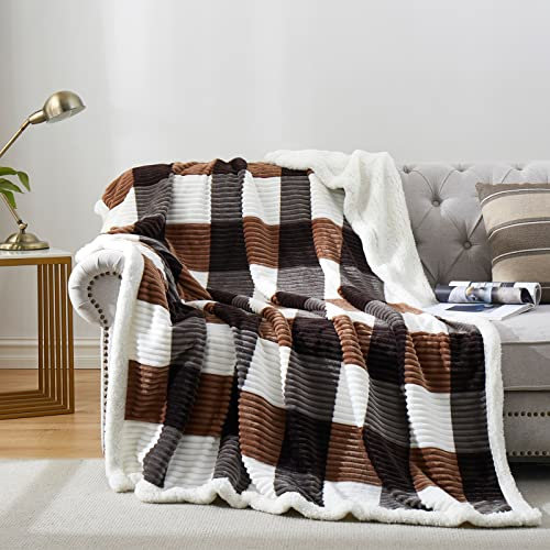PU MEI Sherpa Blanket Full/Queen Plaid Thick Bed Blanket, 90”*80” Super Soft Flannel Fuzzy Fleece Reversible Velvet Plush Warm Blanket for Couch (Brown-Check, 80*90)