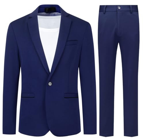 Allthemen Men's 2 Pieces Suit Casual 1 Button Dress Suits Solid Color Stylish Wedding Dress Suit Dark Blue M