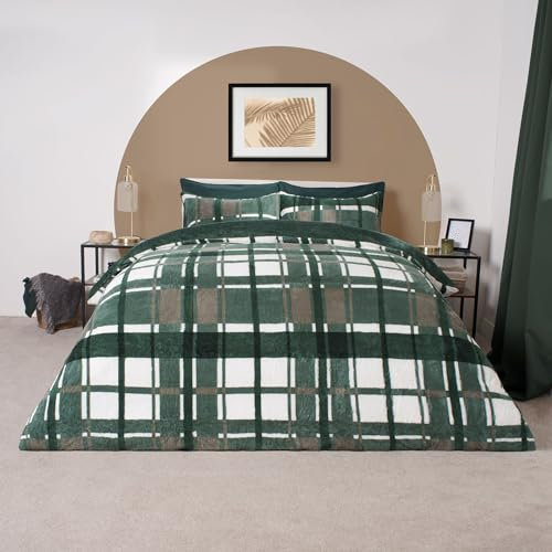 OHS Christmas Double Duvet Set Forest Green Teddy Fleece Check, Double Bedding Set Quilt Cover Winter Duvet Cover with Pillowcases Ultra Soft Comfy Easy Care Bed Set
