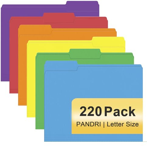 File Folder, PANDRI 220 Pack Colored File Folder, 1/3 Cut Tabs, Letter Size, Assorted 6 Colors Filing Folder for Office School Business