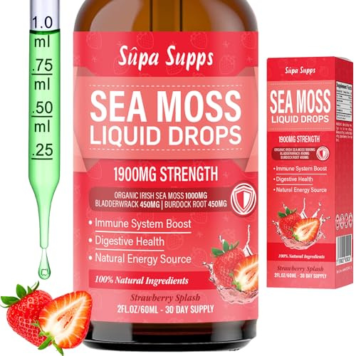 Irish Sea Moss Bladderwrack & Burdock Liquid 60ml Thyroid & Vitality | Sea Moss gel inspired liquid rich in minerals, supports thyroid function and daily vitality, Strawberry flavour