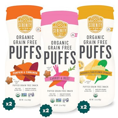 Serenity Kids 6+ Months Baby Puffs - Pack of 6, 1.5 Oz, Variety Pack - USDA Organic Grain Free Puffs - Healthy Snacks for Kids with Veggies & Olive Oil - Dissolvable Finger Food for Toddler Snacks