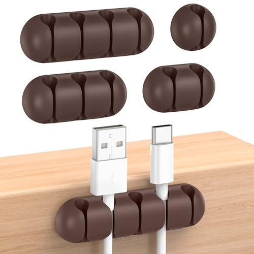 UNBREAKcable Clips de Support de câble de Bureau, Lot de 5 Attaches de câble réglables en Silicone, Gestion de Fil adhésif pour câble de Charge USB/Fil de Souris PC/Écouteur/Bureau/Maison (Brun)