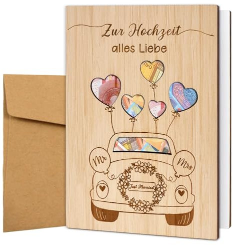 BOYATONG Hochzeitskarte Holz mit Umschlag, 17x12cm Hochzeitskarten Glückwunschkarten, Geldgeschenk Hochzeit Karte Hölzerne Hochzeit Geschenk, Hochzeitsgeschenke für Brautpaar Geld