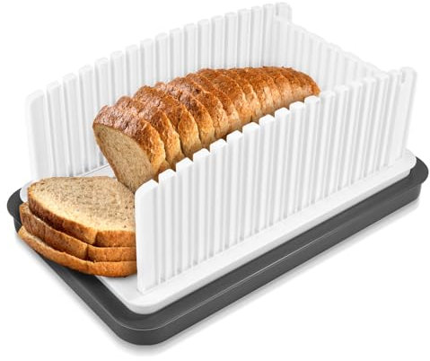 Affettatrice per Pane Fatto in Casa, Larghezza Regolabile Guida per Tagliare il Pane con Vassoio Strumento per Affettare il Pane Pieghevole per Panini con Baguette a Lievitazione(Bianco)