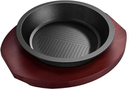 CTCOIJRN Poêle de Service Ronde en Fonte, approfondit Le Steak grésillant, Assiette à Steak avec Base en Bois for Servir des Plats Chauds grésillants(Size:22 * 3.8cm)