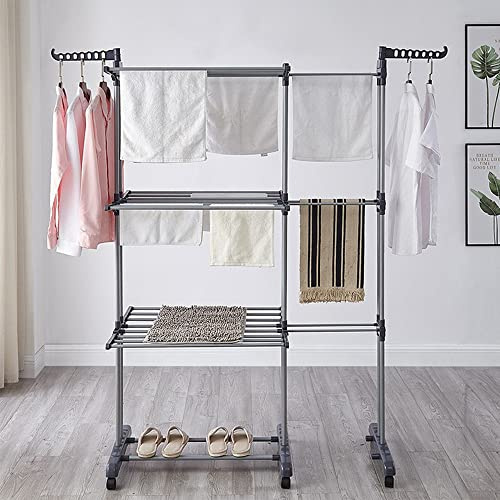 Willonin Étendoir Linge Intérieur sur 3 Niveau, Séchoir à Linge en Tour, Tancarville Grand Capacité, avec 6 Roues de Frein de Stationnement à 360° (Gris)
