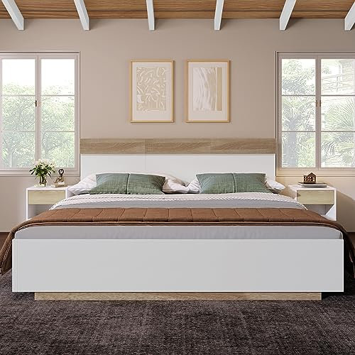 Jovify Doppelbett 180x200 cm, Holzbett Schwebebett mit Kopfteil und Lattenrost, Stabiler Bettrahmen Erwachsene Floating Bed Frame Jugendbett Rückenlehne Bettgestell, Ohne Matratze, Weiß+Eiche