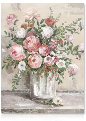 Dazzlewall Vintage Blumen Leinwand Bilder Bauernhof Stillleben Poster Rustikale Rosa und Weiße Blumen Vase Drucke Botanische Ölgemälde für Schlafzimmer Wohnzimmer 30×40 cm Ungerahmt