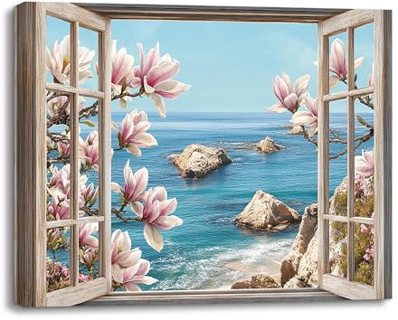 PIY PAINTING Wasserfront Szene Spiaggia Quadri Moderni Soggiorno Stampe Da Parete Mare e Finestra Disegno Su Tela Fiore Immagine Pittura Dipinto Quadro Con Cornice Decorazione Camera Da Letto 30x40 cm