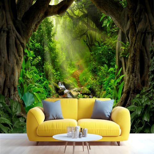 Mural de pared de tamaño personalizado, bosque encantado con arco de árbol gigante, rayos de sol y arroyo, papel tapiz autoadhesivo extraíble para sala de estar, dormitorio, estudio
