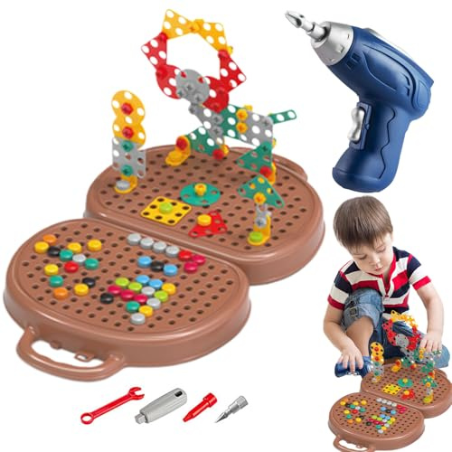 Play Toolbox with Drill - Juego de 203 Piezas de Juguete para Taladro eléctrico para niños, Juego Educativo para niños después de la Escuela, cumpleaños, Fiesta de Clase, al Aire Libre, Viajes