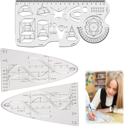 3 Stück Parabelschablone Mathe, Geometrie Kurvenschablone Lineal Parabel Zeichenschablone Transparente Cosinus Lineal Vorlage für Sinus Tangens Kurvenzeichnen, für Schule Unterricht Büro
