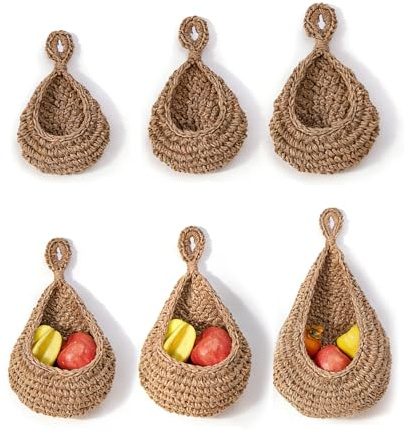 Jute Kitchen Hanging Baskets 6Pcs, Vegetable Woven Basket Jute, Boho Kitchen Decor, Hanging Fruit Basket for Wall Door, Nursery Wall, Pantry, Bathroom（Brown）
