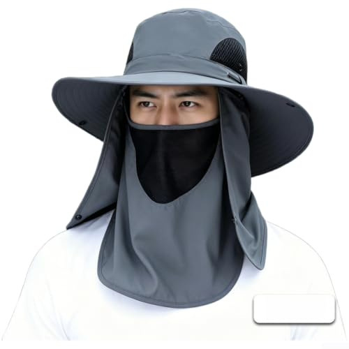 PureBowlic Herrsolhatt med brett brätte med avtagbar mask, UV-skyddande fiskemössa för utomhusvandring, andningsbar polyester bomull strandhatt, justerbar dragsko passar 56–60 cm (mörkgrå)
