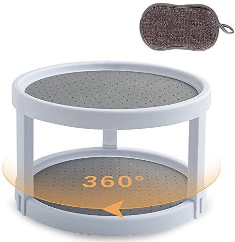 Spice Racks for Inside Cupboard,Lazy Susan Turntable 2 Tier 360°Rotating Spice Rack with Cleaning Sponge,10 Inch Anti-slip Plastic Organiser Tray 2 in 1 for Kitchen,Refrigerator,Desk and Bathroom
