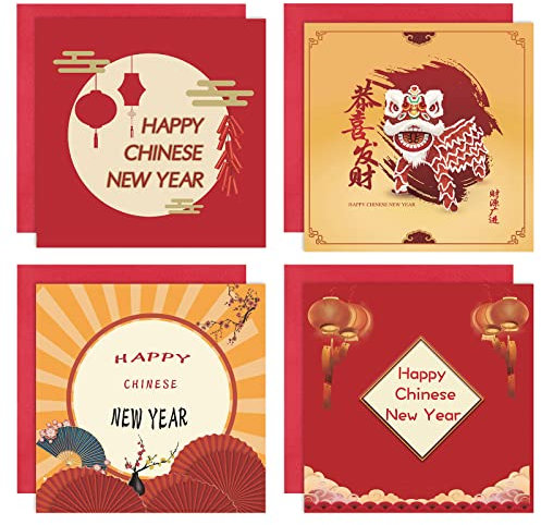 Censen 4er Set Quadratische Chinesische Neujahrskarten und Umschläge Set mit Chinesischen Roten Laternen Löwentanz Segen Karten Viel Glück Grüße Feiertag Klapp Grußkarten für Freund Familie