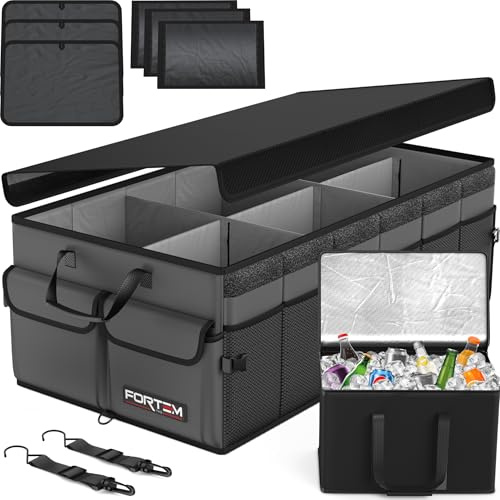 FORTEM Car Boot Organiser - Foldable Car Organiser with Cooler Bag for SUVs | Car Accessories for Men Women, Collapsible Bag, Non Slip Bottom, Straps, Soft Cover, 600D Oxford, Grey, 6 Compartments, 105L