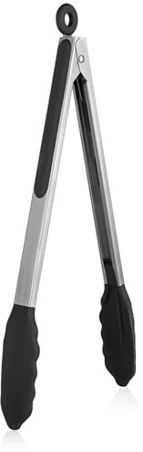 U-Taste Pinza da Cucina in Silicone: Resistente al Calore 250℃ con Punte in Gomma Antiaderente ben Sigillate e Manico in Acciaio Rivestito in Silicone e Bloccaggio Liscio (Nero, 30cm)