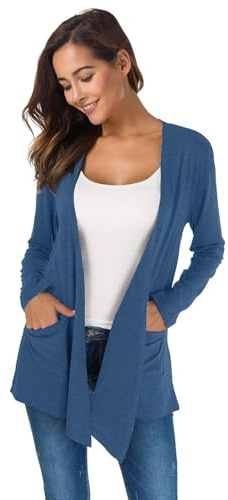 TownCat Gilet Long Femme Élégante Devant Ouvert Longues Manches avec Poche Veste Décontractées et Respirantes Mode Manteau Couleur Unie Polyvalente Bleu XL