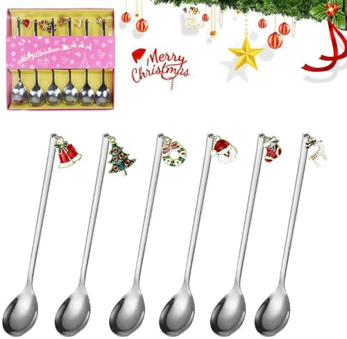 REFORUNG 6 Pz Cucchiai di Natale in Acciaio Inox,Cucchiaio da Caffè di Natalizi con Pendenti di Natale,Cucchiaini da Tè da Dessert con Confezione Regalo per Zuppa di Tè Dessert (Argento)