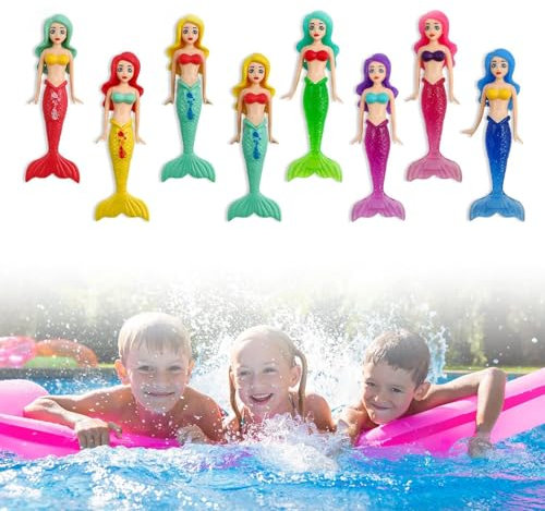 HJIAMA 8 Pièces Jeux Piscine Enfant Plastique, Comprend 4 Jouets Piscine Sirène Transparents, Jeux d'eau pour Plongée, Natation, Décoration, 3+