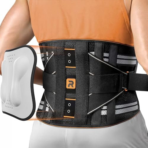 Rakiie Back Support Belt for Men Women, 8x Lumbar Support with 3D Pad & Massage, Breathable Back Brace for Lower Back Pain Relief, Herniated Disc, Sciatica, Orange, M