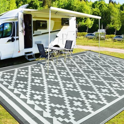 Capslpad Outdoor Rug Waterproof 245x305cm Large Plastic Straw Rugs Reversible UV Resistant Picnic Blanket RV Camping Carpet Recycled Area Rug for Backyard Deck Terrace Garden Beach Picnic Decor, Grey