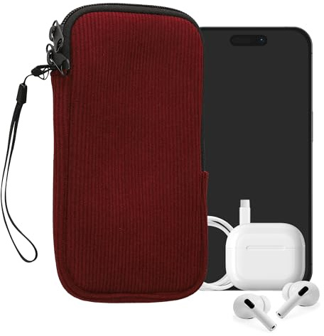 kwmobile Universal Smartphone Sleeve - Corduroy with Hand Strap and Zipper Closure - Internal Mesh Pocket - Mobile Phone Sleeve Pouch - Neoprene Phone Sock - Tawny Red