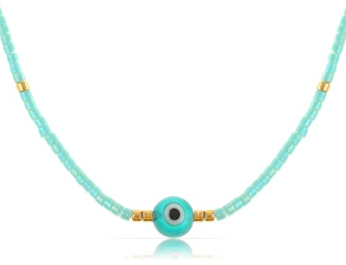 Tillverkad av Nami halsband damer glas pärlhalsband damer i vitt turkos eller lila med Nazar Boncuk pärla vattentätt smycke hippie smycken 40 + 5 cm, Anpassbar, Rostfritt stål, glaspärlor