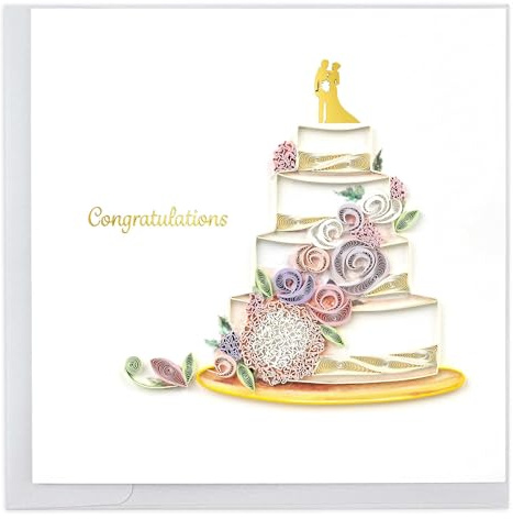 Quilling Card Handmade Quilled Floral Wedding Cake Greeting Card – 6x6 Inch Blank Card with Envelope – Fair Trade Verified – Unique Paper Art Keepsake for Any Occasion