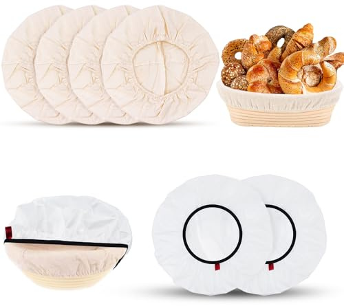 Mispudin 4x 25cm Banneton Liner & 2x 28cm Bread Proofing Cover, Round Banneton Broofing Basket Liners Elastic, Adjustable Baking Bowl Cover Reusable - Bread Baking Accessories for Rising Sourdough