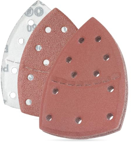 YoiYee 20Pcs Mouse Detail Sandpaper, P60-P220 Triangle Sander Sheets | 11-hole dust extraction, 152x105mm dimensions, aluminium oxide abrasive, hook and loop backing, fits detail palm sanders