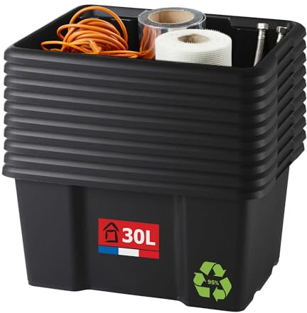 SUNDIS Bac de rangement 30L, lot de 10, en plastique recyclé noir, L.46,5xl.36,5x H23cm, empilable et superposable, multiusage, idéal pour l’atelier, le bricolage ou le transport