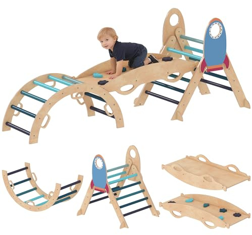 AIYAPLAY 8 en 1 Triángulo de Escalada Montessori, Estructura de Escalada de Madera, Tema de Cohetes, con Arco y Rampa para Deslizarse o Escalar, para Niños de 18-48 Meses, Interiores, Azul