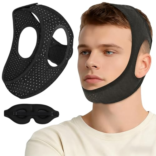 Ceriselle Corrector de ronquidos, Banda Ajustable para la Barbilla para apnea del sueño con máscara para los Ojos, Solución cómoda para roncar, Máscara para ronquidos Transpirable