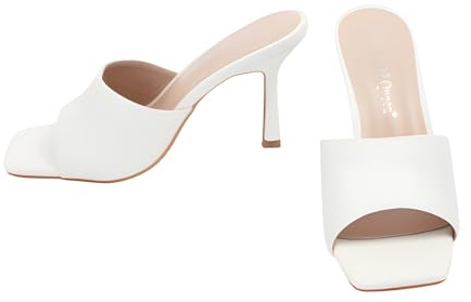 Vivid-it Tacchi a Spillo da Donna con Punta Aperta Quadrata, Tacco Alto Stiletto, Sandali Mule Senza Schienale per Abiti Estivi, Feste e Abiti da Sera, Bianco, 40 EU