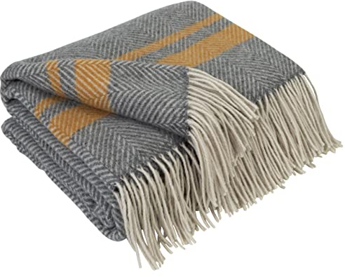 LYHome Merino Decke - Kuscheldecke Tagesdecke Sofa Wolldecke, Blanket Überwurfdecke Sofadecke Wohndecke, Flauschige Couchdecke Merinodecke, Flauschig Warm Plaid 140x200 cm, Grau - Senf - Weiß Streifen