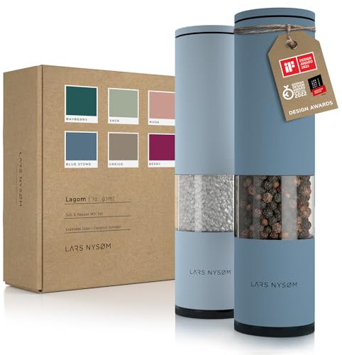 LARS NYSØM Salt and Pepper Grinder Set 2 Pieces I Salt Pepper Mill with Adjustable Ceramic Grinder I Design Spice Grinder Set Manual (Blue)