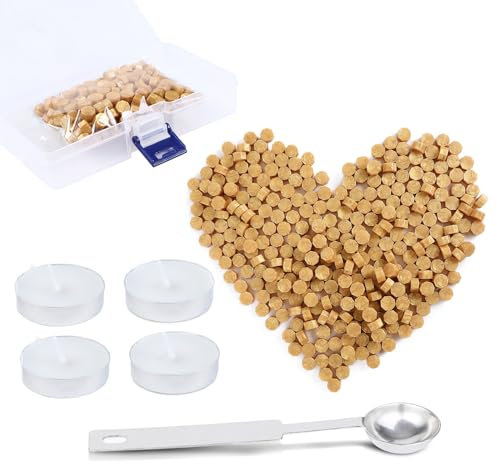 AiQInu 320 Stück Siegelwachs Perlen Set, Achteckige Wax Seal Beads mit 4 Teekerzen & 1 Wachs Schmelzlöffel, Wax Seal Kit Siegellack Stempelwachs für Versiegelung & Dekoration von Briefen