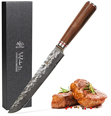 Wakoli Valnöt premium förskärare och köttkniv Hamokiri med 20 cm blad tillverkad av 67 lager äkta damaskstål med valnötshandtag I damaskkniv kökskniv och professionell kockkniv
