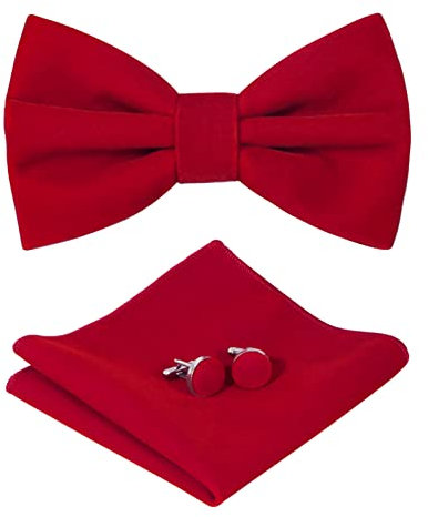 HOULIFE Ensemble nœud papillon pour homme – Nœud papillon réglable en velours pré-noué, mouchoir uni, boutons de manchette pour marié, mariage formel avec boîte cadeau, rouge, M