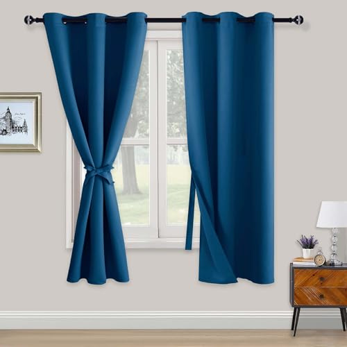 XWZO Blackout Curtains Shades Window Curtain Panels with Tiebacks- Noise Reduction and Thermal Insulated Eyelet Curtains for Bedroom,Living Room,Office,Study Room Blue W46xL72