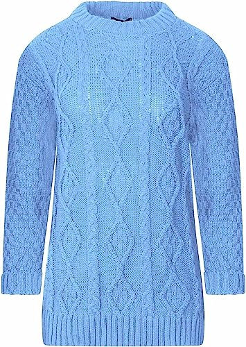 AJFASHION Women Jumpers New Ladies Long Sleeve Chunky Cable Knitted Jumper Crew Neck Winter Sweater Top UK Size 8-22 Sky Blue
