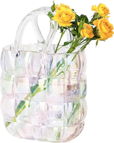 Comealltime Aesthetic Vase Glas Handtasche, Handgemachte Blumenvase Modern Vasen Deko für Blumen und Trockenblumen, Breite Mund Glasvase für Büro Zuhause Wohnzimmer Esstisch Dekovase Tischvase, Bunt